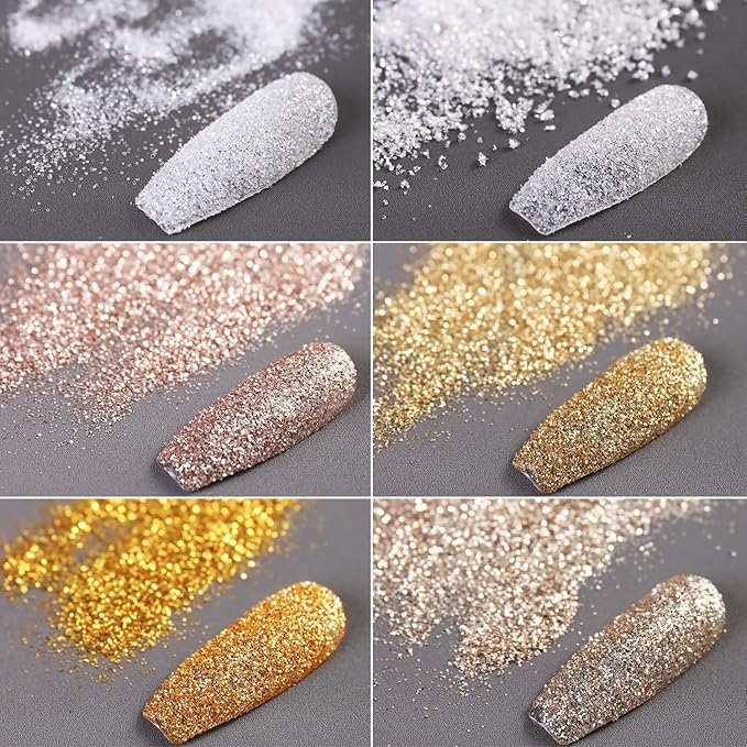 6 Colors Nail Glitter Set, White Gold Sugar Nail Glitter Candy Coat Powder, Sparkle Winter Sweater Design Manicure Decor