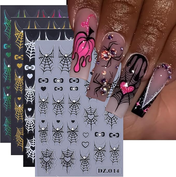 4 Sheets Halloween Spider Web Nail Art Stickers 5D Embossed Halloween Nail Decals with Rhinestone Colorful Spider Web Spider Bow Love Heart Nail Design Adhesive Stickers for Women Decorations Supplies