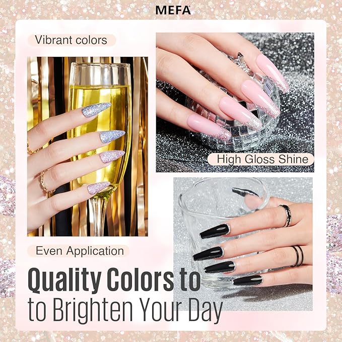 MEFA Glitter Gel Nail Polish Set 6 Colors, Chrome Platinum Sparkly Shiny Black Silver Champagne Turquoises Gel Polish Kit Soak Off Nail Art Design Salon at Home DIY Manicure Kit Gifts for Women