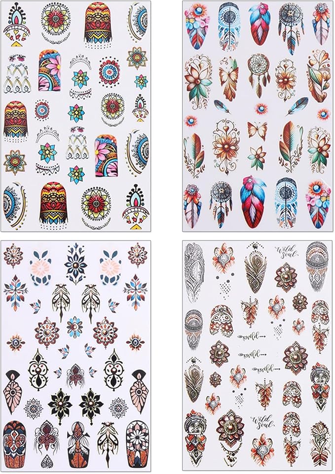 Bohemian Style Nail Stickers - Boho Chic Dreamcatcher Ethnic Tribal Feathers Self-Adhesive 3D Nail Decals for Women DIY Totem Manicure(4 Sheets)
