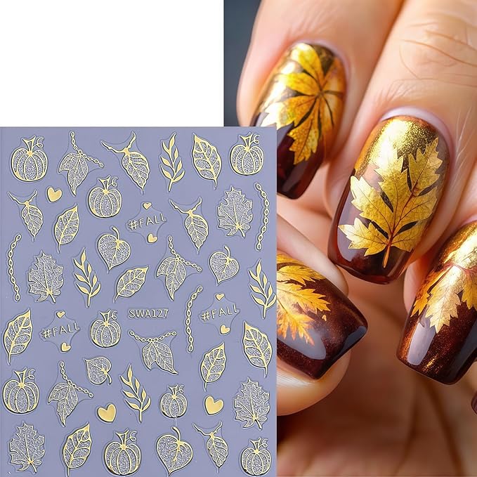 Fall Nail Art Stickers 2 Sheets Gold Pumpkin Nail Decals 3D Self-Adhesive Thanksgiving Day Nails Art Decorations with Glitter Rhinestone Pumpkin Maple Leaf Pattern Nail Decals for Women Holiday DIY