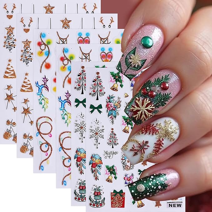 6 Pcs Christmas Nail Art Stickers 3D Self-Adhesive Colorful Light String Design Nail Decals Gold Glitter Christmas Tree Snowball Elk Holly Leaf Nail Supplies DIY Christmas Nail Decoration for Women