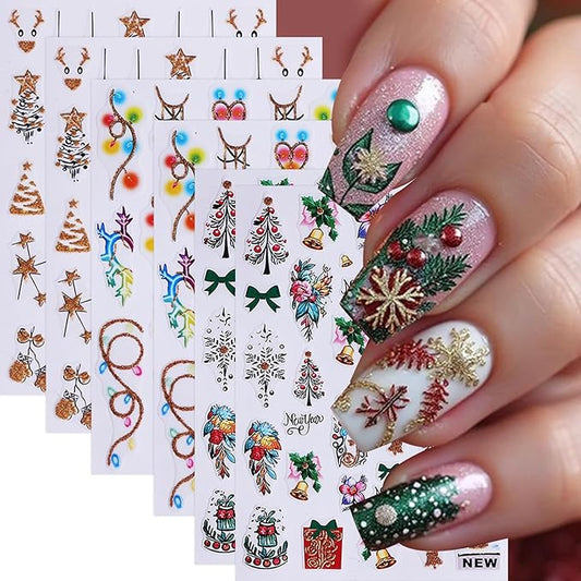 6 Pcs Christmas Nail Art Stickers 3D Self-Adhesive Colorful Light String Design Nail Decals Gold Glitter Christmas Tree Snowball Elk Holly Leaf Nail Supplies DIY Christmas Nail Decoration for Women