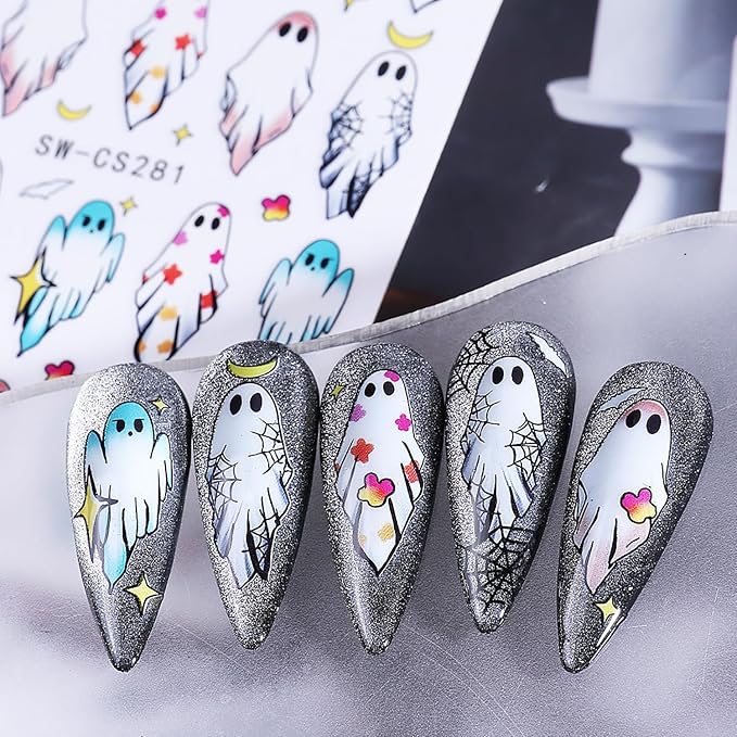 5 Pcs Halloween Nail Art Stickers,3D Self-Adhesive Nail Decals Spider Webs Cute Ghost with Designs Skull Pumpkin Nail Decorations Halloween DIY Manicure Supplies for Women Girls