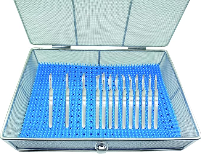 Instrument Tray with Silicone Mat&Lid, 11.81"x7.87"x2.75" (30x20x7cm), 304 Stainless Steel Sterilization Basket–Ultrasonic Perforated Mesh Tray for Ophthalmic, ENT Instruments, Cleaning&Sterilization