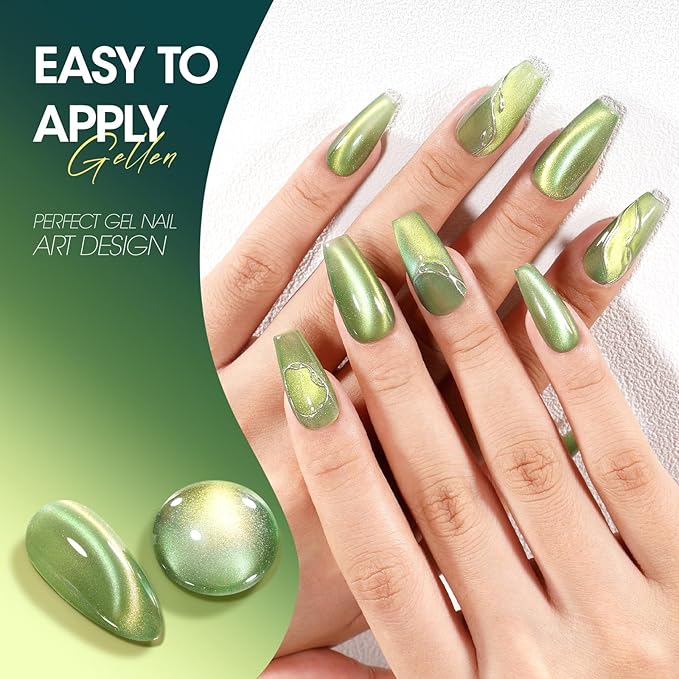 Gellen Cat Eye Gel Nail Polish, 18ML Bright Green Magnetic & Holographic Glitter, UV/LED Manicure Nail Art Designs