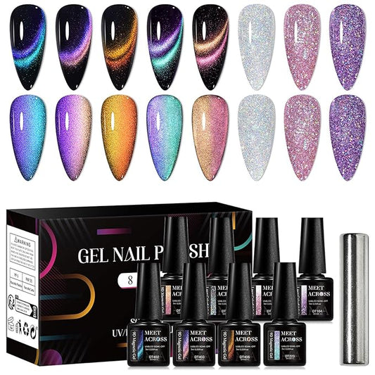 MEET ACROSS 8pcs Nail Polish Set, Soak off UV LED Lamp Cat Eye Gel Set Home Manicure Kit 7ml (Glitter + 9D Cat Eye Gel)