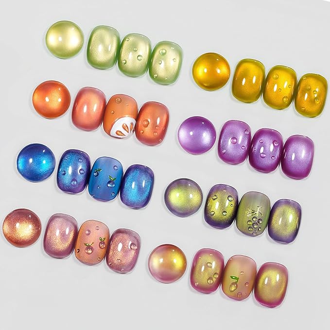MIZHSE Cat Eye Gel Nail Polish, Fruit Colors Magnetic Gel Polish Set with Magnet, Neon Cateye Effect Green Purple Yellow Soak Off Nail Art Manicure Home Gift for Ladies