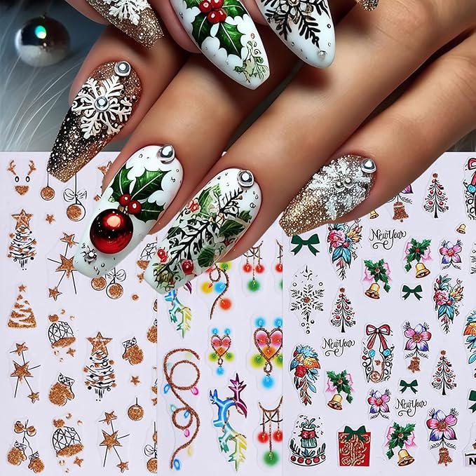 6 Pcs Christmas Nail Art Stickers 3D Self-Adhesive Colorful Light String Design Nail Decals Gold Glitter Christmas Tree Snowball Elk Holly Leaf Nail Supplies DIY Christmas Nail Decoration for Women