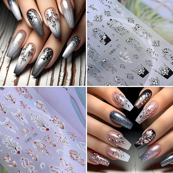 2Sheets Retro Black White Vine Flowers Nail Art Stickers 3D Embossed Pink Flower Vine Designs Nail Decals Self-Adhesive Floral Leaves French Nail Sticker Spring Nails Supplies for Women Nails Decor