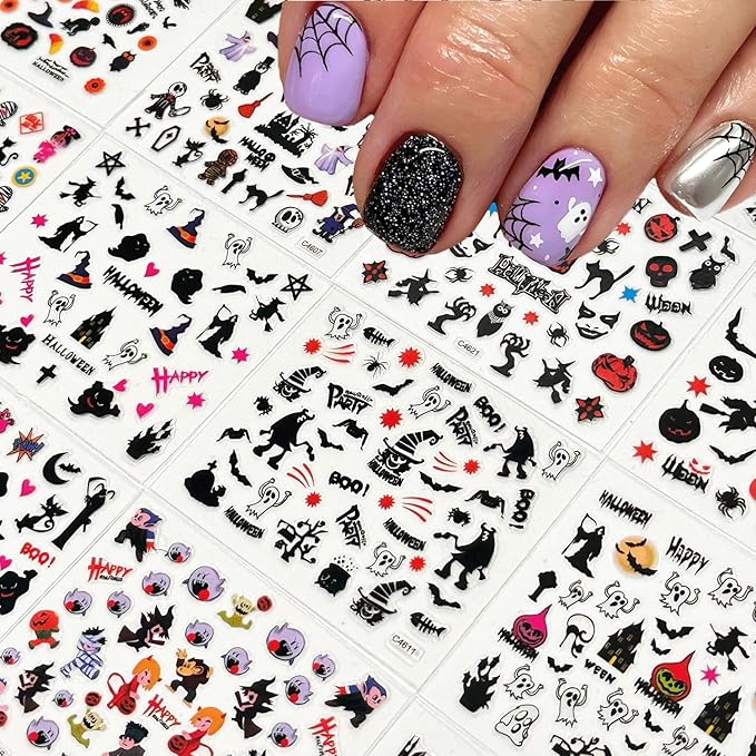 30 Sheets Halloween Nail Stickers 3D Self Adhesive Halloween Nail Decals Ghost Spider Nail Art Stickers Pumpkin Bat Nail Design Nail Art Supplies for Acrylic Nails Decorations for Women