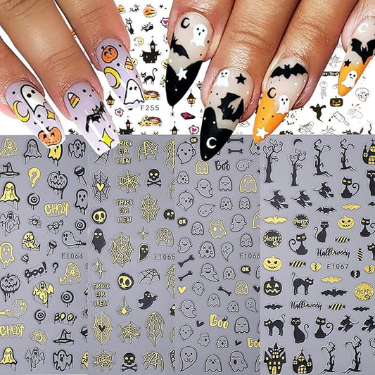 6 Sheets Halloween Nail Stickers for Nail Art, 3D Self-Adhesive Pumpkin Ghost Spider Web Nail Decals, Cute Bat Nail Supplies Nail Art Design Accessories for Women and Girls Manicure DIY Decoration