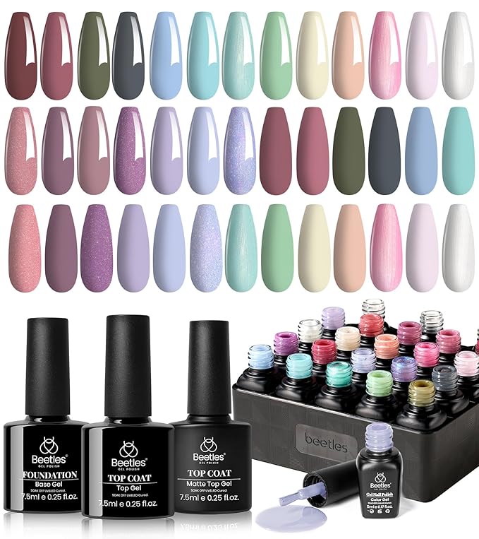 Beetles Neutral Gel Nail Polish Set – Healing Elixir Winter Gel Nail Polish Kit, 20 Colors Pink Blue White Green Pearl with Base Coat Matte Glossy Top Coat for DIY Manicure Gift for Women