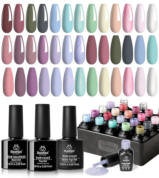 Beetles Neutral Gel Nail Polish Set – Healing Elixir Winter Gel Nail Polish Kit, 20 Colors Pink Blue White Green Pearl with Base Coat Matte Glossy Top Coat for DIY Manicure Gift for Women