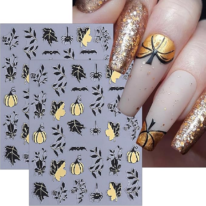 8 Sheets Halloween Nail Stickers 3D Self-Adhesive Glitter Pumpkin Ghost Black Leaf Nail Decals Gold Silver Pumpkin Spider Web Bat Design Nail Stickers for Halloween Party DIY Manicure Kit Decoration