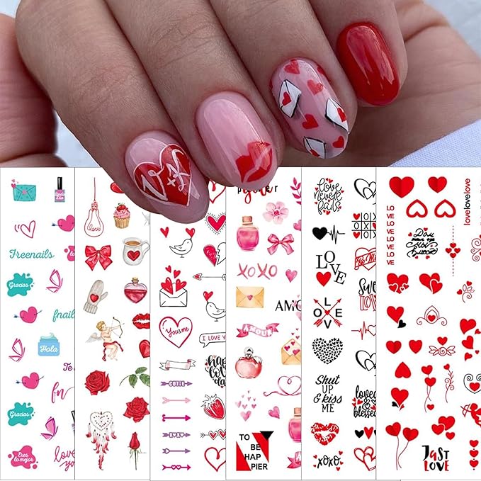 6 Valentine's Day Nail Art Stickers 3D Self-Adhesive Sexy Lips Nail Stickers Red Love Rose Kiss Angel Letter Heart Shape DIY Nail Design Decoration Women's Valentine's Day