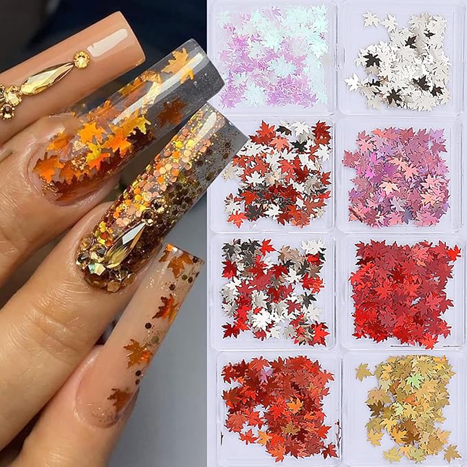 Maple Leaf Nail Sequins Fall Maple Leaves Glitter for Nails Holographic Nail Art Design Supplies 3D Autumn Nail Glitter Flakes Decor