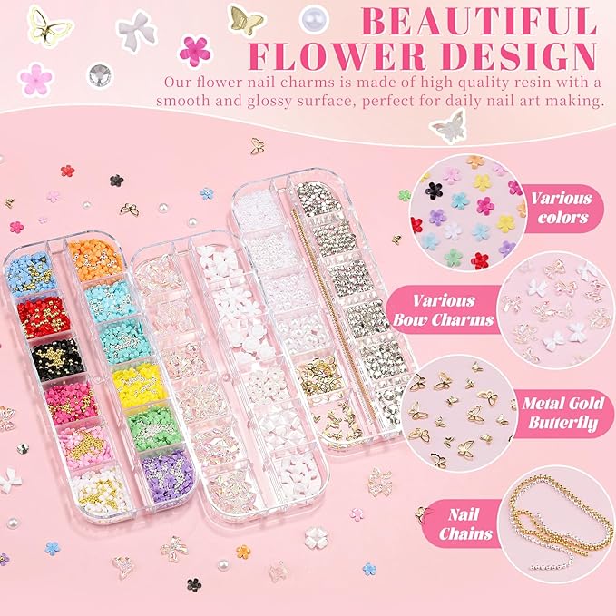 3 Boxes 3D Flower Nail Charms and Gems - Colorful Nail Flower & Aurora Bow Charms Metal Butterfly Clear Rhinestones Gemstones Silver/Gold Caviar Beads White Pearls with Nail Chain (12-S3-Mixed1)