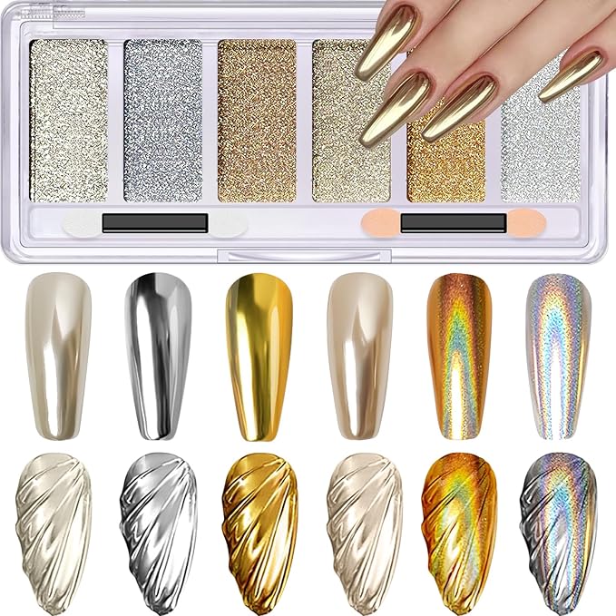 Gold Silver Chrome Nail Powder, 6 Colors Holographic Unicorn Iridescent Nail Chrome Powder, Metallic Mirror Effect Light Gold Champagne Chrome Powder Palette Pigment Glitter for Nail Art