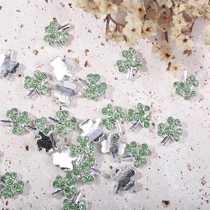 20Pcs Shamrock Nail Charms and Gems 3D Metal St Patricks Nail Charms with Diamond Design Irish Clover Nail Rhinestone Charms Alloy Green Charms Decoration for Women Girls