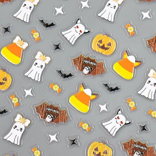 1 Sheets Halloween Nail Decals for Nail Art Cute Embossed Ghost Nail Stickers 5D Self-Adhesive Star Bat Candy Pumpkin Nail Art Stickers Scary Halloween Nail Decoration for Women DIY Nails Designs