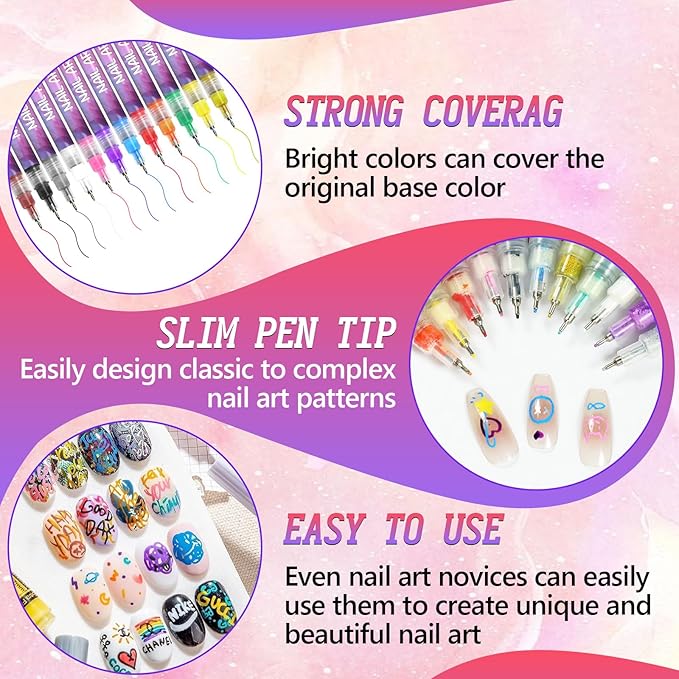 12 Colors Nail Art Pens Set, 3D Quick-Dry 0.5MM Nail Polish Pens, 2025 DIY Nail Art Marker Graffiti Dotting Pen for Nails Art Design Manicure Nail DIY Decoration