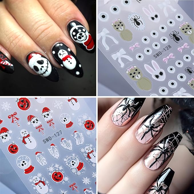 2Sheets Halloween Nail Art Stickers 5D Embossed Evil Snowman Ghost Designs Nail Decals Self-Adhesive Skull Pumpkin Nail Stickers Litter Bear Eye Nail Decal Spider Nail Sticker for Women Nails Decor