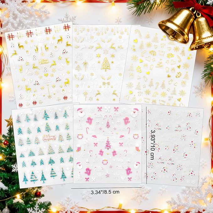 Allstarry Christmas Nail Stickers, 6 Sheets Christmas Nail Decals Chrome Gold Xmas Trees Snowflakes Snowman Reindeer Bow Winter Nails Sticker for Women Girl Gifts