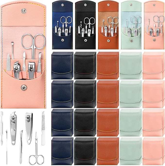Lasnten 100 Bulk Nail Clipper Set Bulk Manicure Kit Stainless Steel Pedicure Professional Nail Care Kit with Travel Case Portable Grooming for Husband Men Women Family(Multicolor,7 in 1)