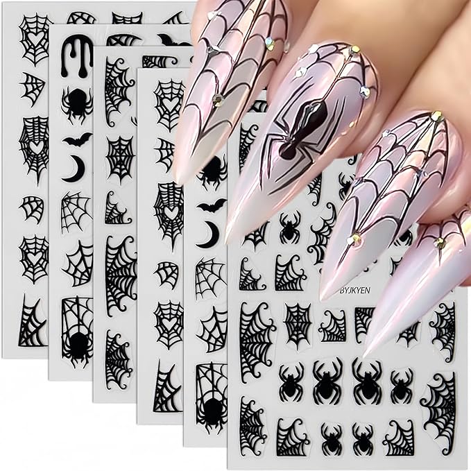 8 Sheets Spider Nail Art Stickers, Halloween Nail Decals 3D Self-Adhesive Black White Spider Web and Spider Design Nail Sticker Halloween Acrylic Nail Art Decoration for Women Holiday Nail Charm