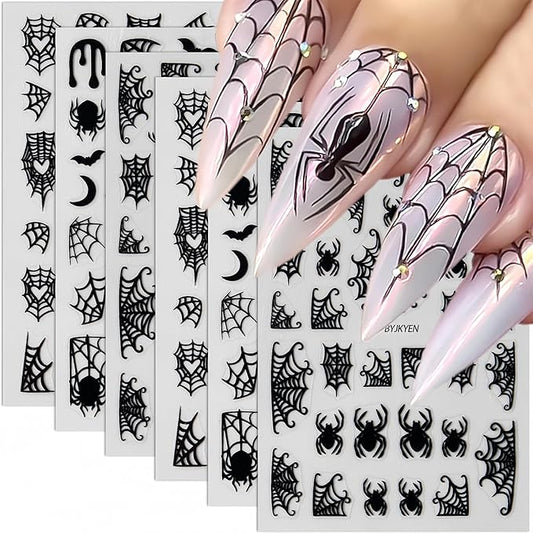 8 Sheets Spider Nail Art Stickers, Halloween Nail Decals 3D Self-Adhesive Black White Spider Web and Spider Design Nail Sticker Halloween Acrylic Nail Art Decoration for Women Holiday Nail Charm