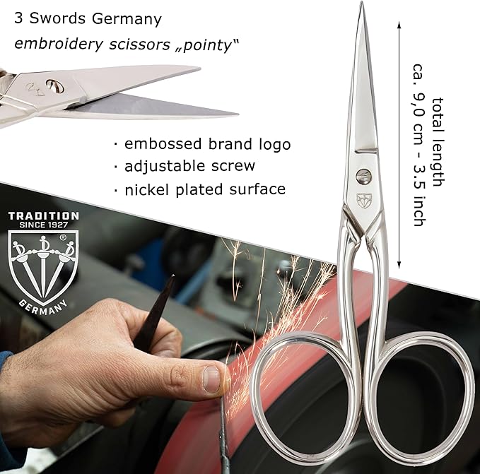 3 Swords Germany - Embroidery Scissors, Shears for Art Work, Daily Use in Household, Sewing, Art Work, Craft with black Synthetic Leather case
