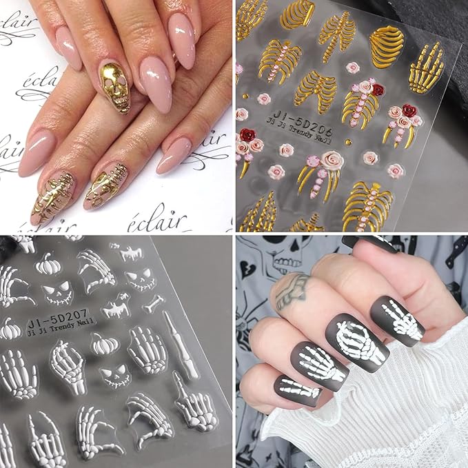3Sheets Halloween Nail Art Stickers 5D Embossed Skeleton Nail Decals with Rose Flower Design Nail Stickers Self-Adhesive Skull Hand Bones Nail Decal Gothic Nail Sticker for Women DIY Nails Decoration