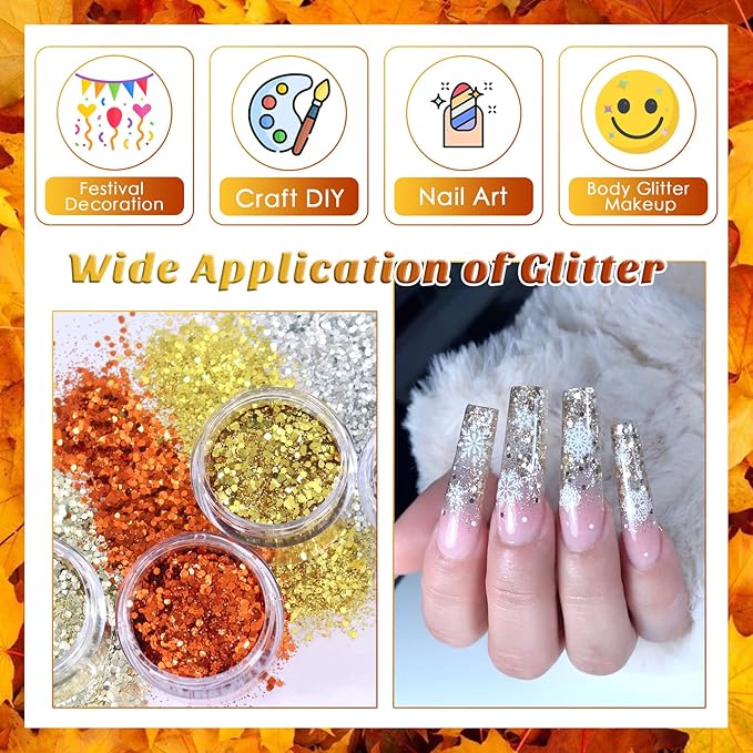Laza Autumn Nail Glitter, 12 Colors Acrylic Nails Art Glitter Powder Sequin, Retro Copper Iridescent Flake Paillette Sparkle Tip 120g for Gel Polish, Face, Eyes, Body, Hair, Jewelry, Resin -Golden Age