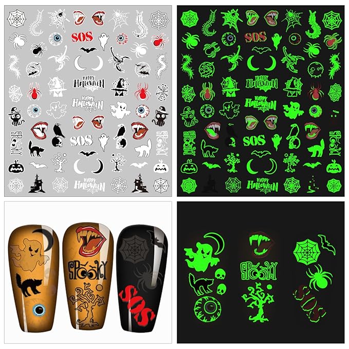 9 Sheets Luminous Halloween Nail Stickers for Women, Pumpkin Bat Ghost Witch Skull Scratches Nail Art Stickers for Girls Kids Nail Art Halloween Decoration