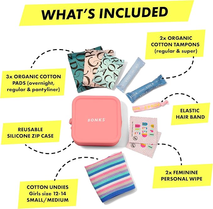 BONKS GoGo Kit - Emergency Tween Period Kit - Portable Menstrual Pouch for Women - Essential Women's Travel Kit - Includes Pads, Tampons, Underwear & More - Female Hygiene Care - S/M (12-14)