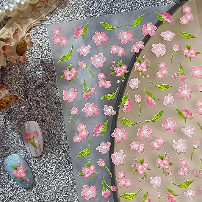 Flower Nail Stickers for Nail Art - Peach Blossom Nail Art Sticker Floral Embossed Nail Decals Self-Adhesive Nails Supply Manicure Stickers for Nails Decoration