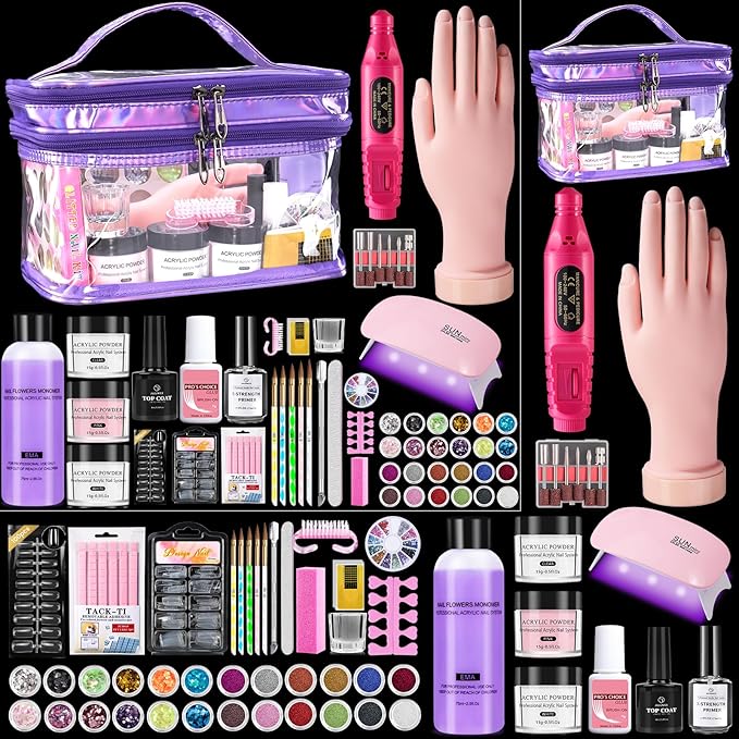 Nail Kit for Beginners with Everything: Professional Nail Acrylic Powder Liquid Set with Practice Hand Drill U V Light in Cosmetic Bag for Women Salon Home(Purple)