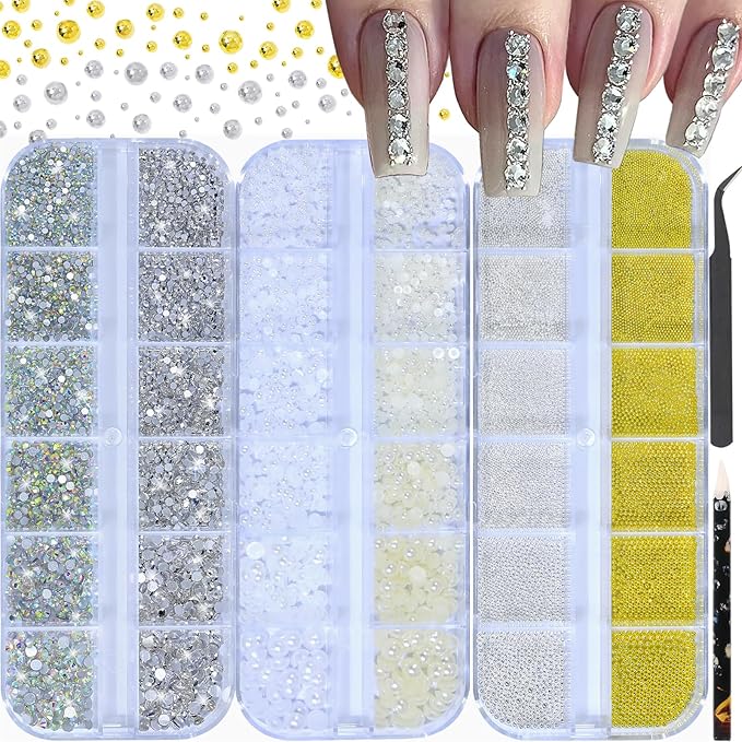 HNUIX NAI Charms - 3D Round Multi Size Crystal Rhinestones, Clear & AB Nail Gems, White & Beige Pearls, Silver & Gold Metal Beads, with Kit, for Nail Art, DIY Decorations
