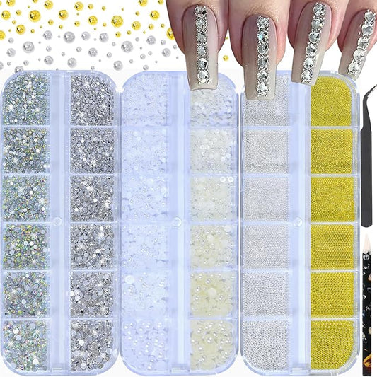 HNUIX NAI Charms - 3D Round Multi Size Crystal Rhinestones, Clear & AB Nail Gems, White & Beige Pearls, Silver & Gold Metal Beads, with Kit, for Nail Art, DIY Decorations