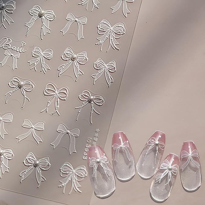 White Lace Bow Nail Art Stickers - 5D Embossed, Self-Adhesive Pearl Design, Cute Decals for Women's Manicure