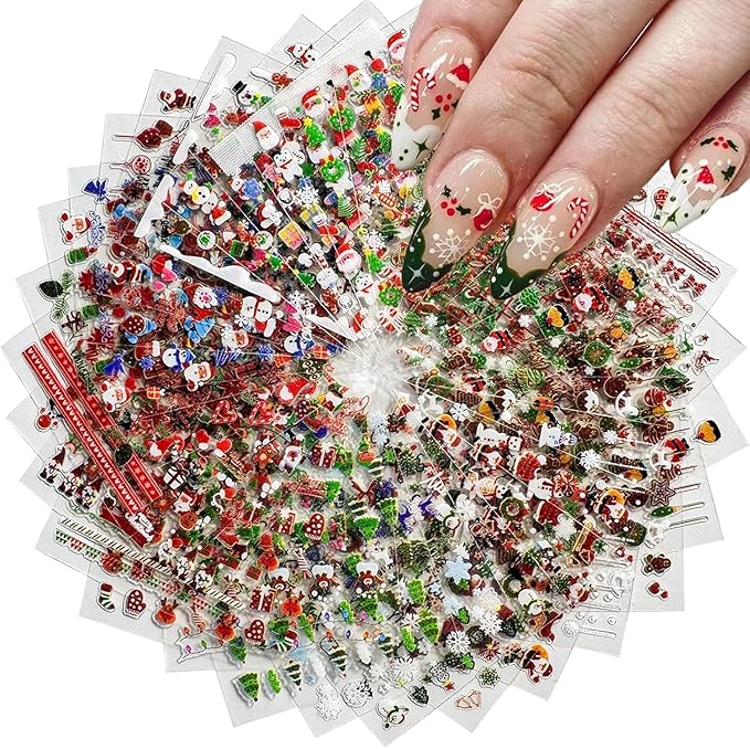 60 Sheets Christmas Nail Stickers for Nail Art, 2000+ Pcs 3D Self-Adhesive Snowflake Nail Decals, Deer Elk Trees Nail Supplies Nail Art Designs Accessories for Women and Girls Manicure DIY Decoration