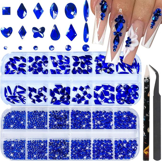 Nail Rhinestones - 3D Multi Shape Size, Flat Back, Crystals Manicure Rhinestones Charms, Blue Nail Gems, with Kit, for Nail Art, Bedazzling Acrylic Nails, DIY Decor
