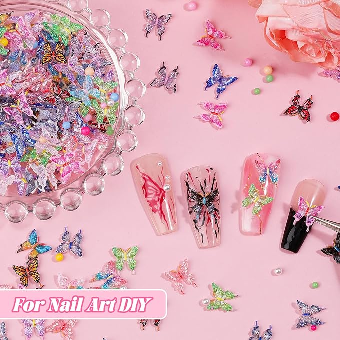 100Pcs Butterfly Nail Charms with 200Pcs Pearls, Colorful 3D Resin Nail Butterfly Charms, White & Macaron Rhinestones for Nail Art, DIY Crafts, Spring Summer Manicure Decoration for Women Girls