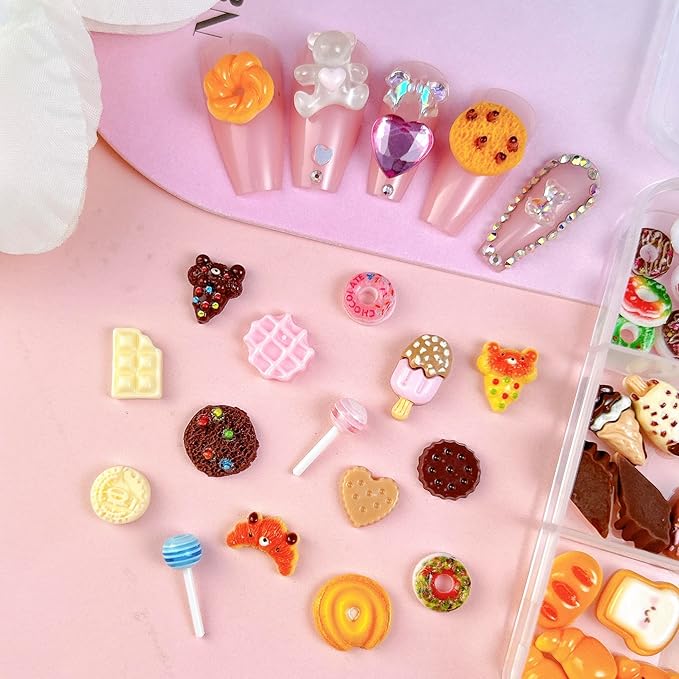 3D Mixed Lollipops Candy Nail Charms, Cute Colours Candy Food Charms Hollow Chocolate Donut Charms for Nails Art Designs, Kawaii Biscuits Chocolate Nail Art Decorate DIY Crafts Accessories