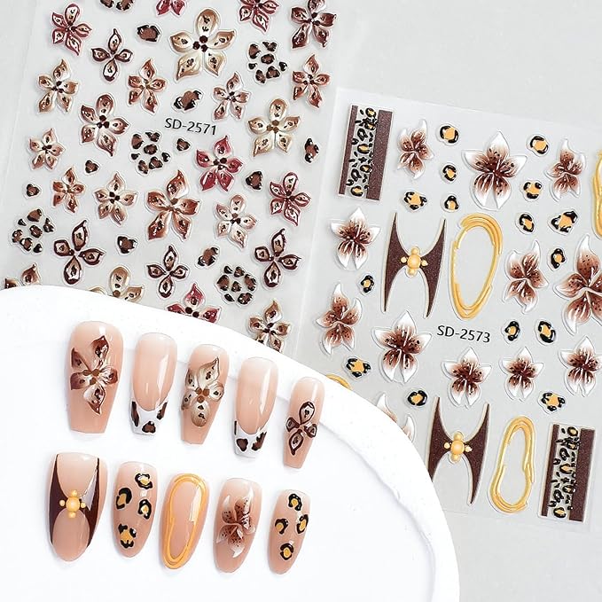 6Sheets Leopard Print Nail Art Stickers 5D Embossed Colorful Lily Flower Nail Decals Self-Adhesive Leopard Print French Tip Nail Sticker Cute Floral Decal for Women Manicure Decoration Accessories