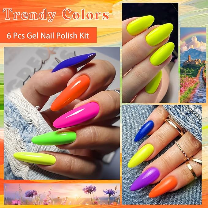 MEET ACROSS Neon Gel Nail Polish Set, 6 Colors Orange Yellow Green Blue Hot Pink Red Purple Spring Summer Fluorescent Gel Polish Home DIY Manicure Gift for Girls Women