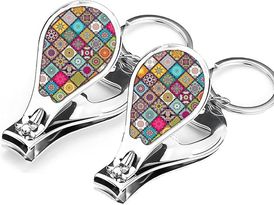 Nail Clipper Set with Keychain 2 Pack Toenail Clippers with Jar Opener Multifunction Nail Cutter for Men-Dorm Room Essentials,Kitchen Gadgets,Golf Accessories,Travel Essentials(Mandala)