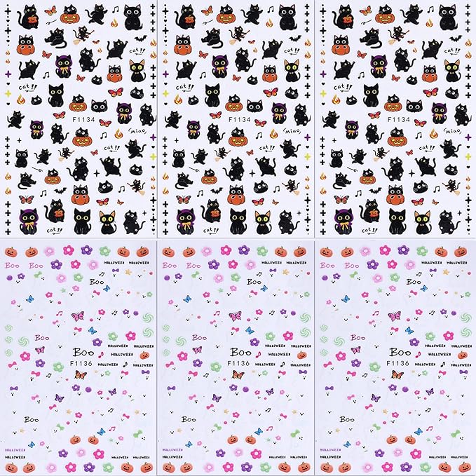 6Pcs Halloween Nail Stickers Cat Ghost Nail Decals DIY Self Adhesive Cute Cartoon Pumpkin Flower Butterfly Nail Design Supplies Halloween Nail Decoration for Women Girls Holiday Manicure Accessories
