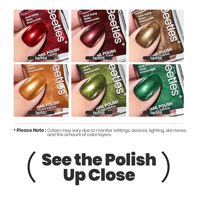Beetles Winter Nail Polish Set - Glamour Era 6 Colors Quick Dry Glitter Burgundy Red Gold Green Yellow High-Gloss Long-Lasting Nail Polish for DIY At-Home Manicure Christmas Gift for Women